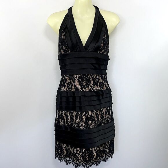 BCBG MAXAZRIA Dress Black Lace Body Con Cocktail Mini Halter Sz 6 EVC - Picture 1 of 8